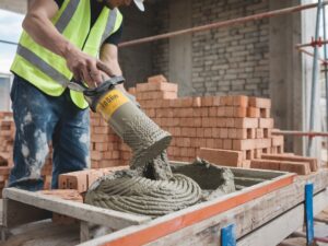 Opakowanie plastyfikatora obok narzędzi murarskich